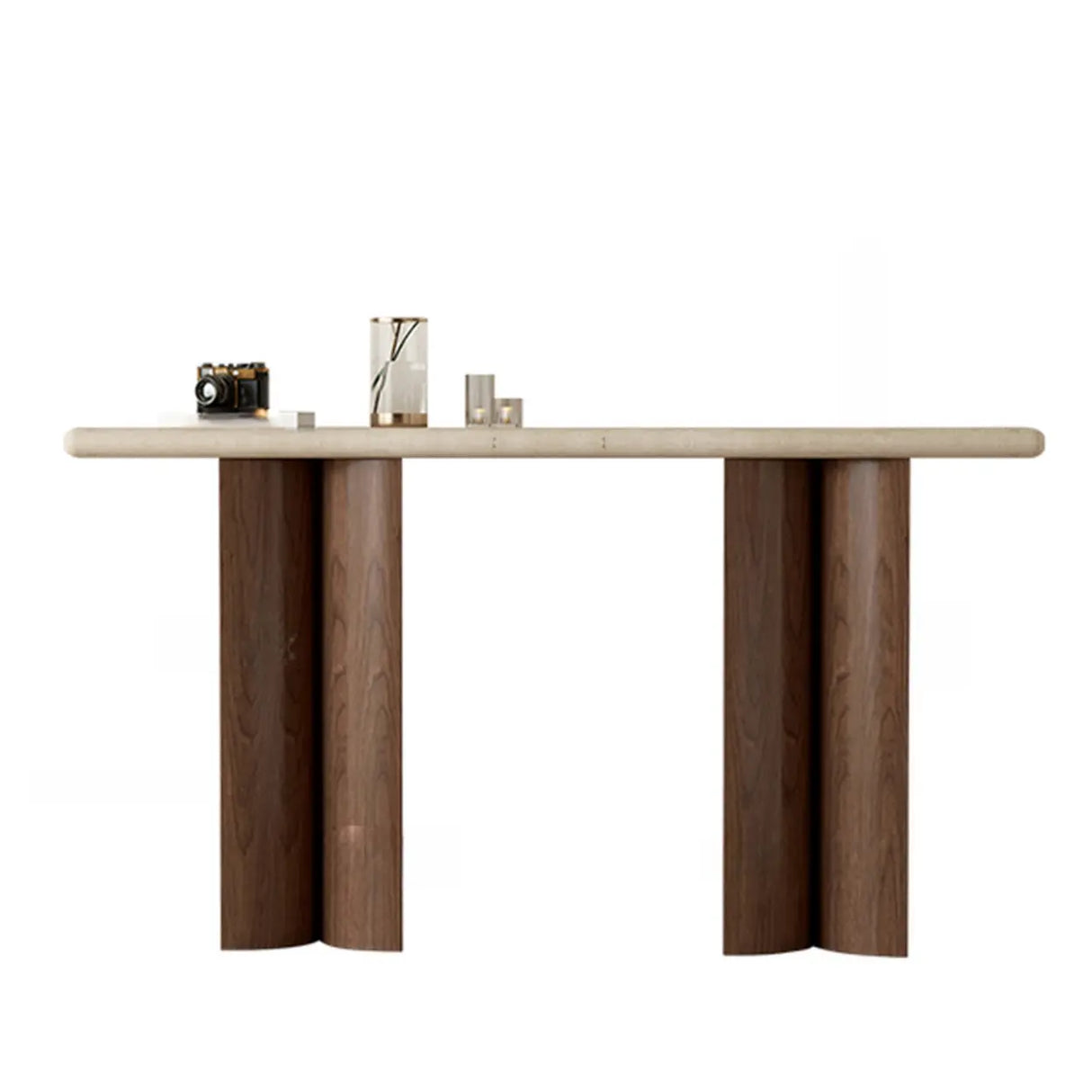 Double Pedestal Rectangular Marble Wood Ivory Console Table Image - 8