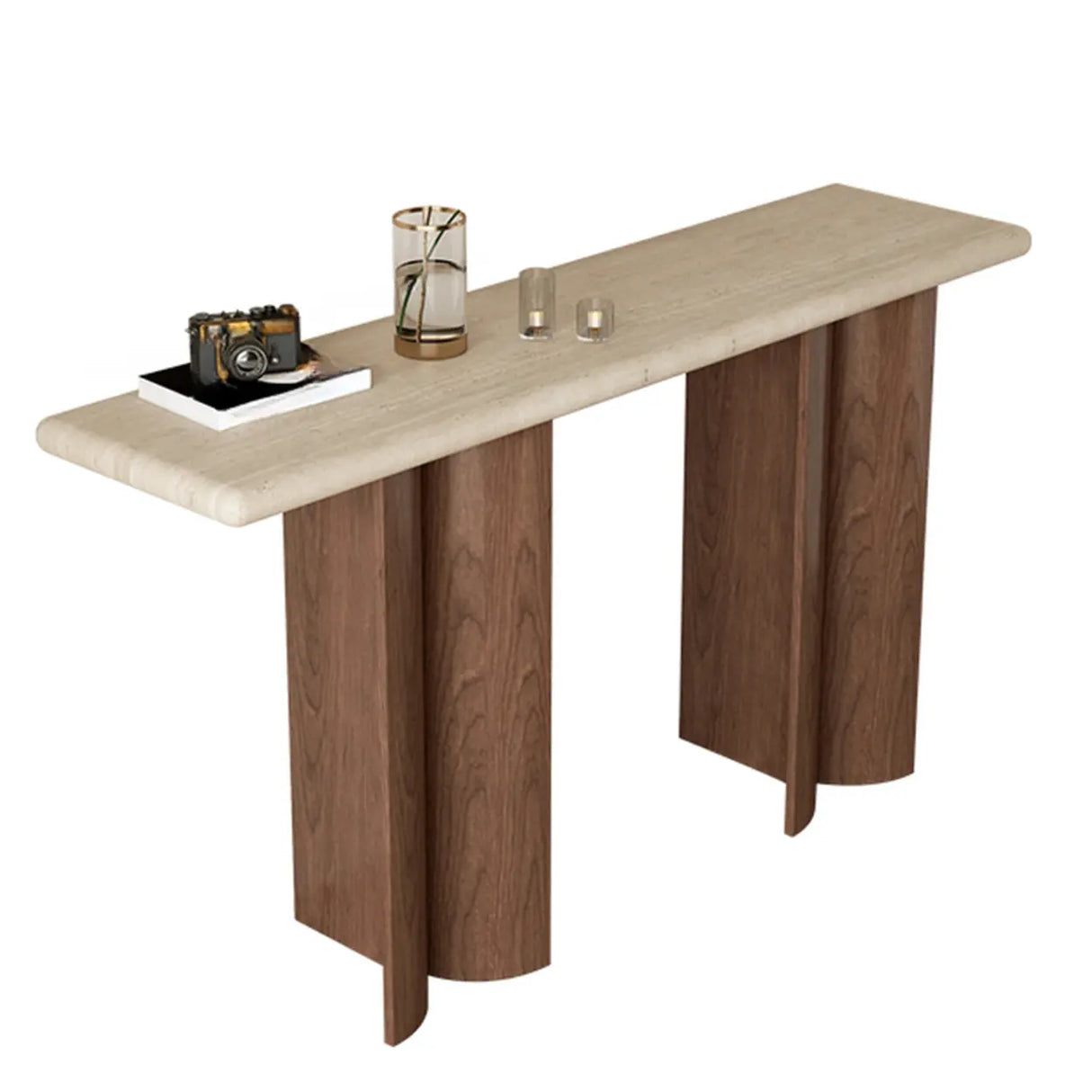 Double Pedestal Rectangular Marble Wood Ivory Console Table Image - 9