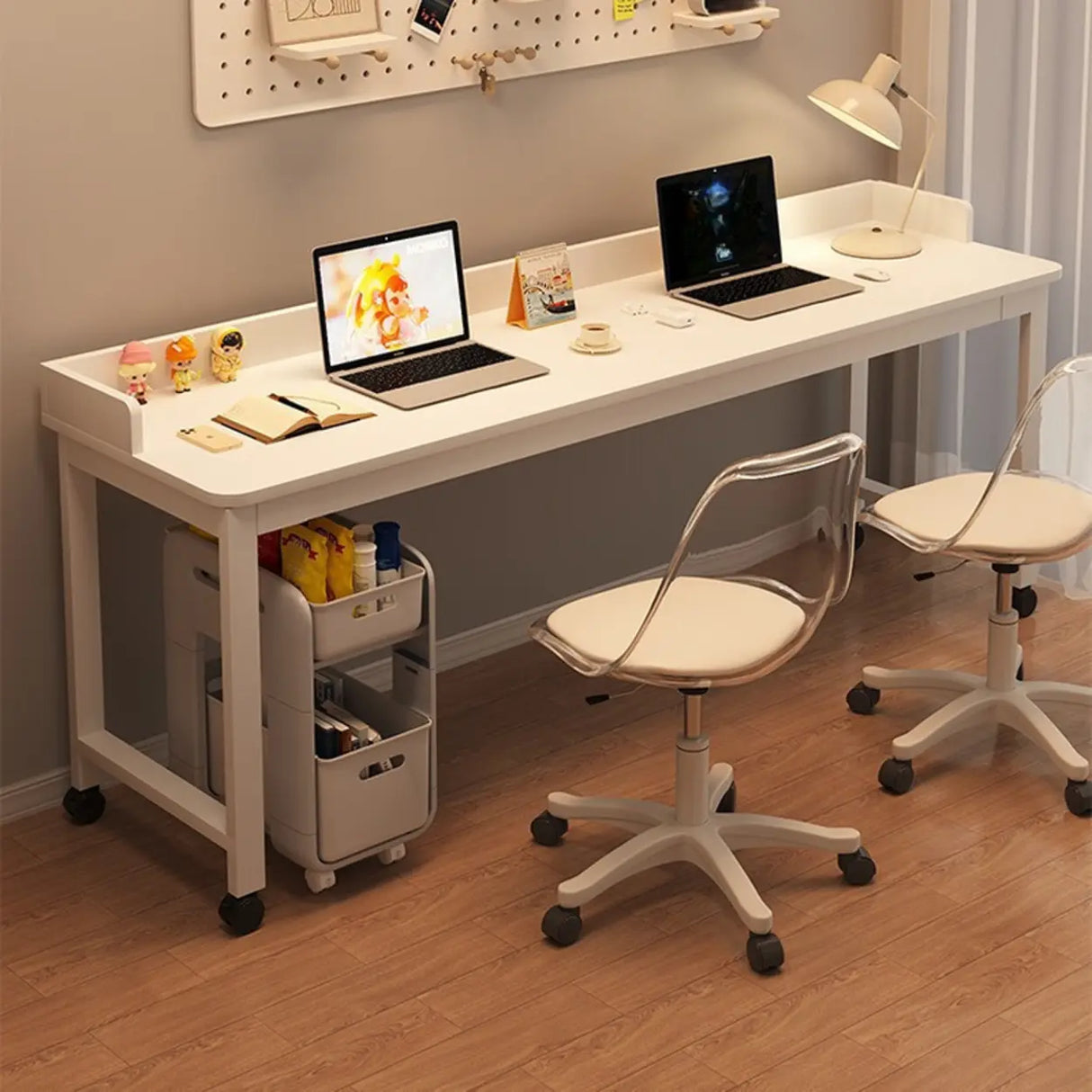 Double White Wooden Writing Desk with Storage Image - 1