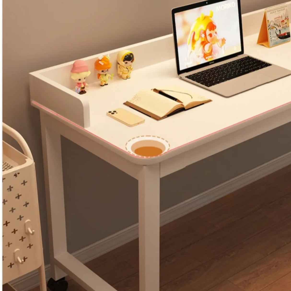 Double White Wooden Writing Desk with Storage Image - 6