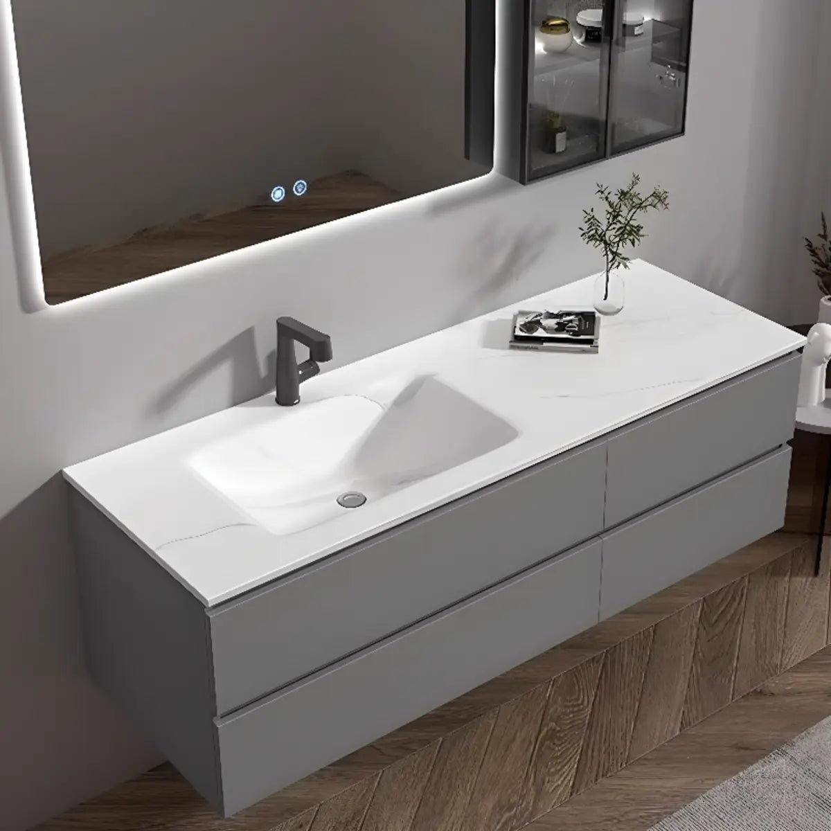 Dove Grey Wall Mounted Bathroom Vanity with Stone Top Image - 4