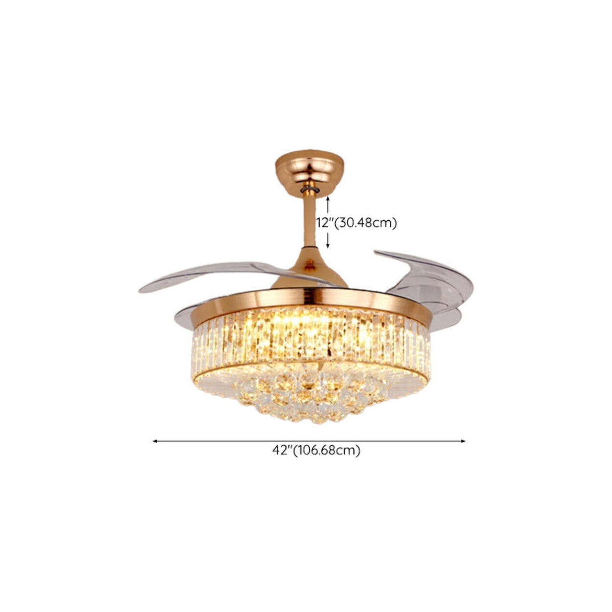 Down Rod Gold Luxury Crystal Ceiling Fan with LED Light
