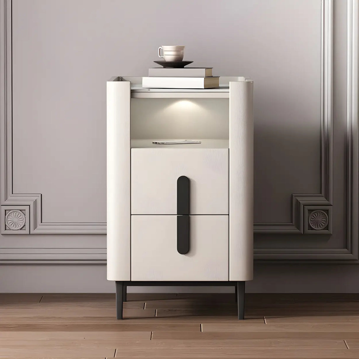 Drawer Storage Wood Off-White Lighting Stone Nightstand Image - 4