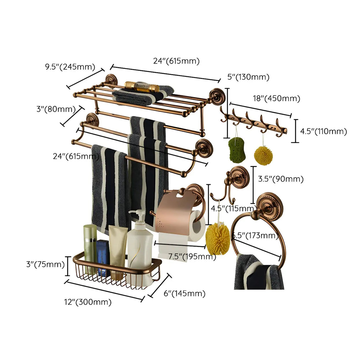 Drill and Screw Mount Round Copper Bathroom Hardware Set