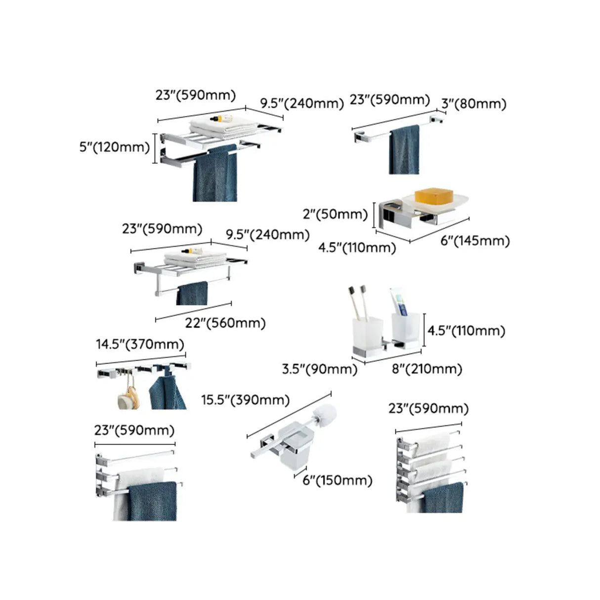Drill and Screw Mount Square Chrome Bathroom Storage Set