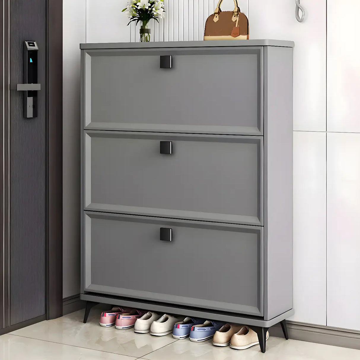 Drop Front Adjustable Wood Entryway Gray Medium Shoe Cabinet Image - 2