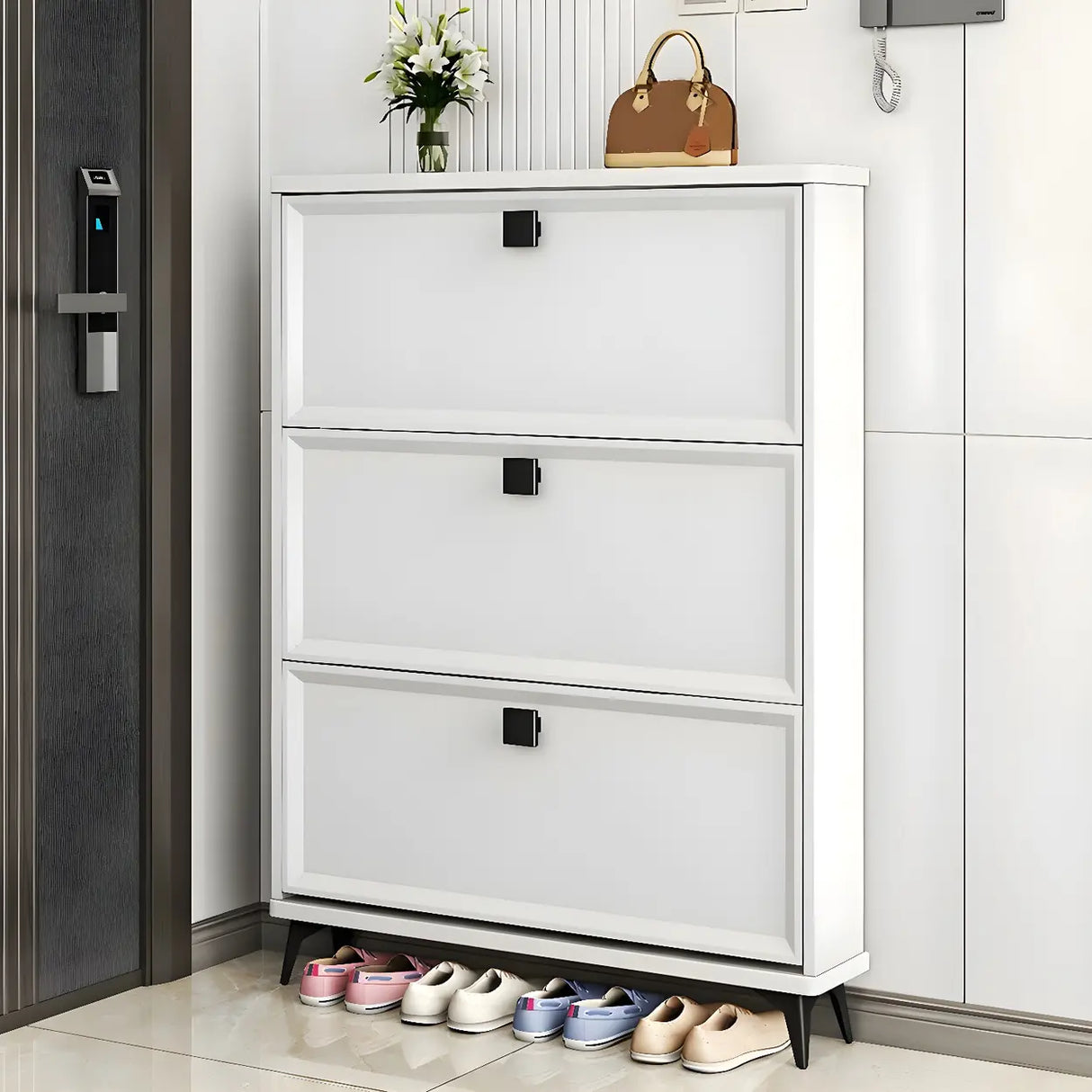 Drop Front Adjustable Wood Entryway Gray Medium Shoe Cabinet Image - 3