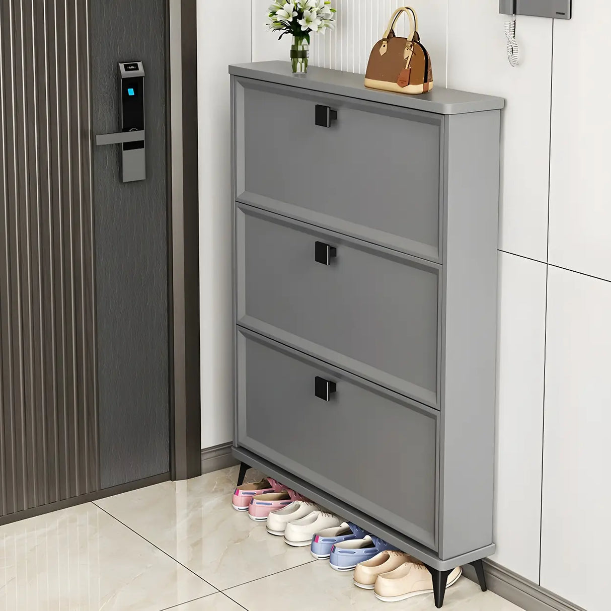 Drop Front Adjustable Wood Entryway Gray Medium Shoe Cabinet Image - 4