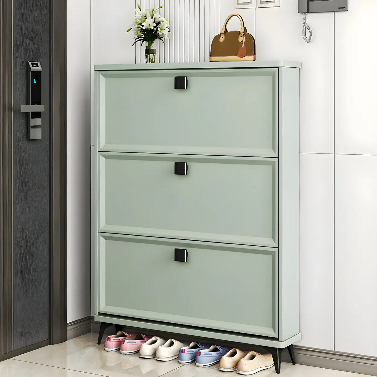 Drop Front Adjustable Wood Entryway Gray Medium Shoe Cabinet Image - 5
