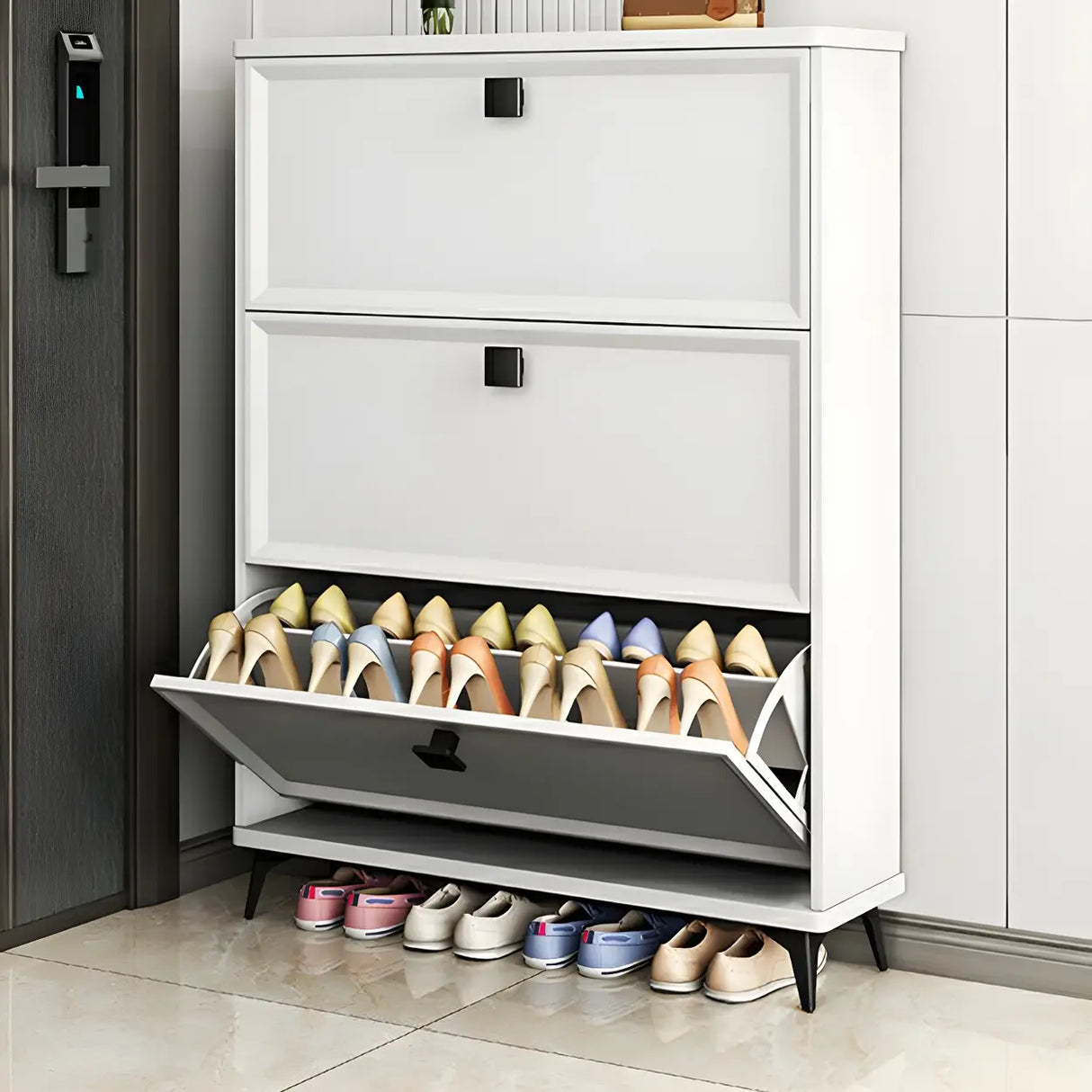 Drop Front Adjustable Wood Entryway Gray Medium Shoe Cabinet Image - 7