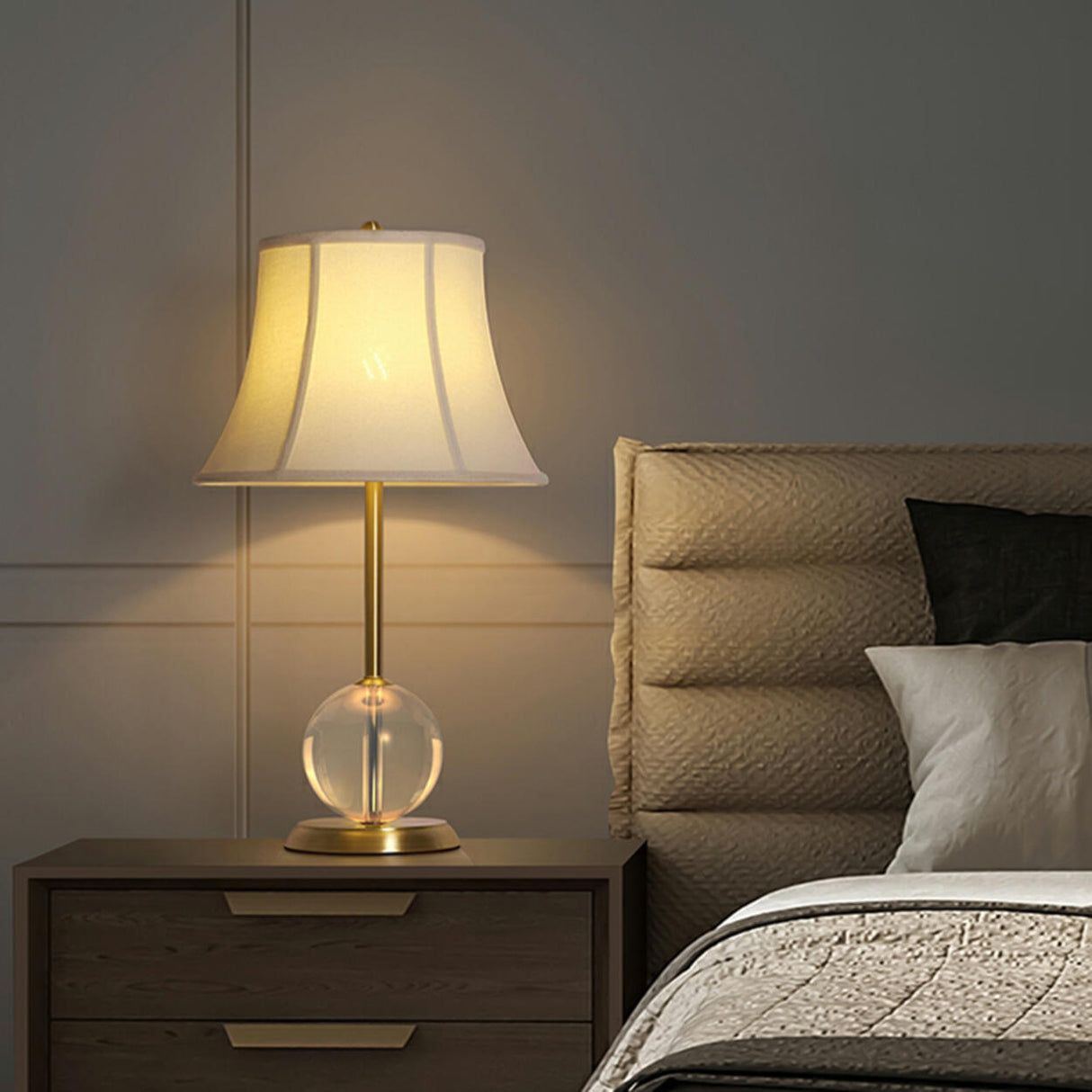 Drum-Shaped Shade Crystal Ball Base Bedside Table Lamp Image - 1