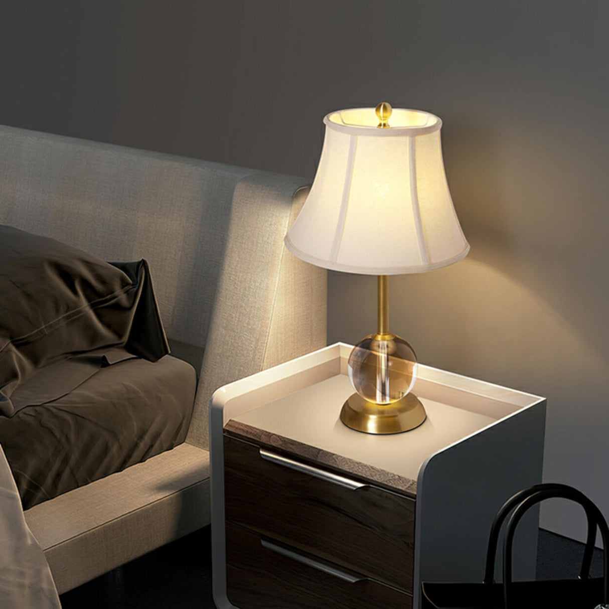 Drum-Shaped Shade Crystal Ball Base Bedside Table Lamp Image - 11