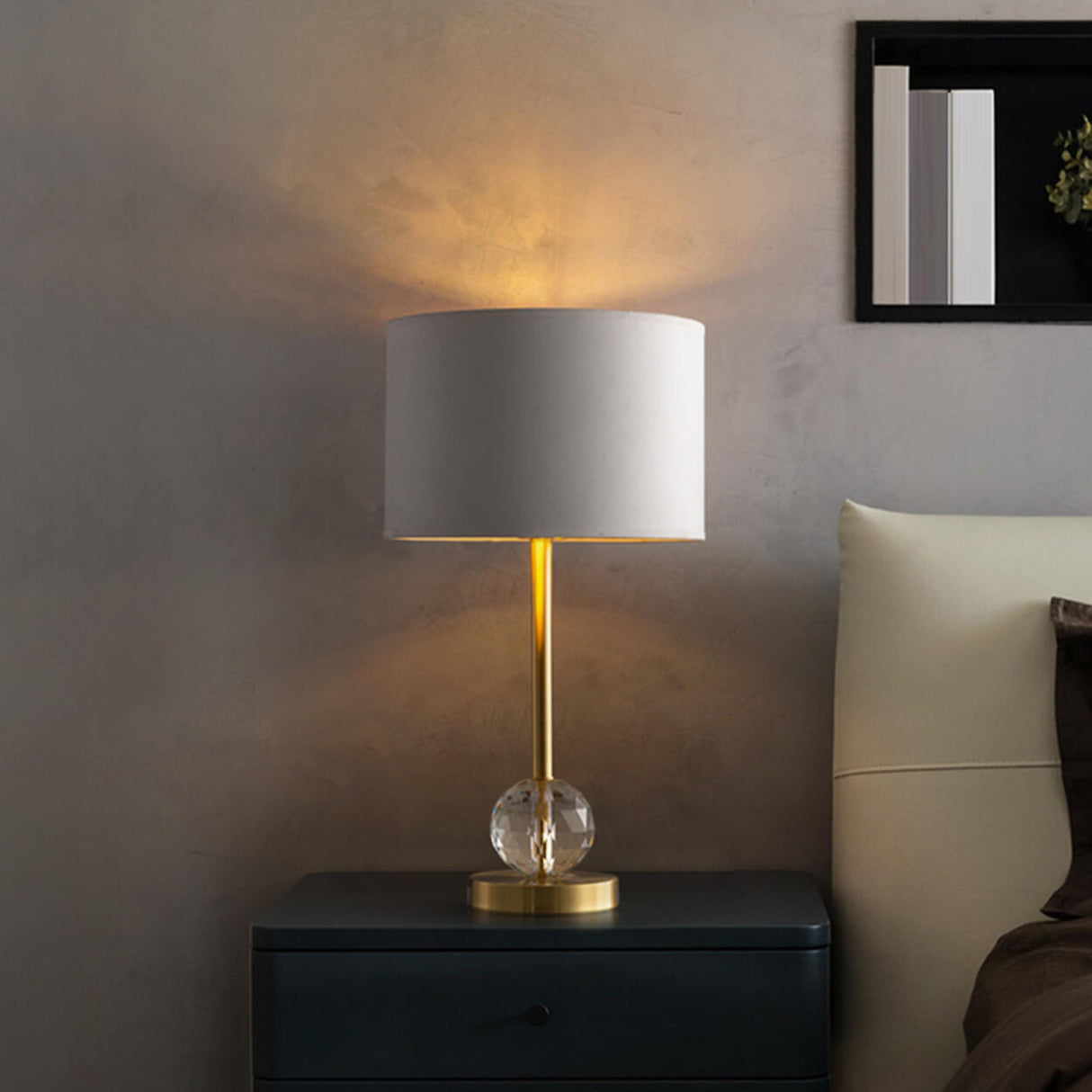 Drum-Shaped Shade Crystal Ball Metal Base Table Lamp Image - 1