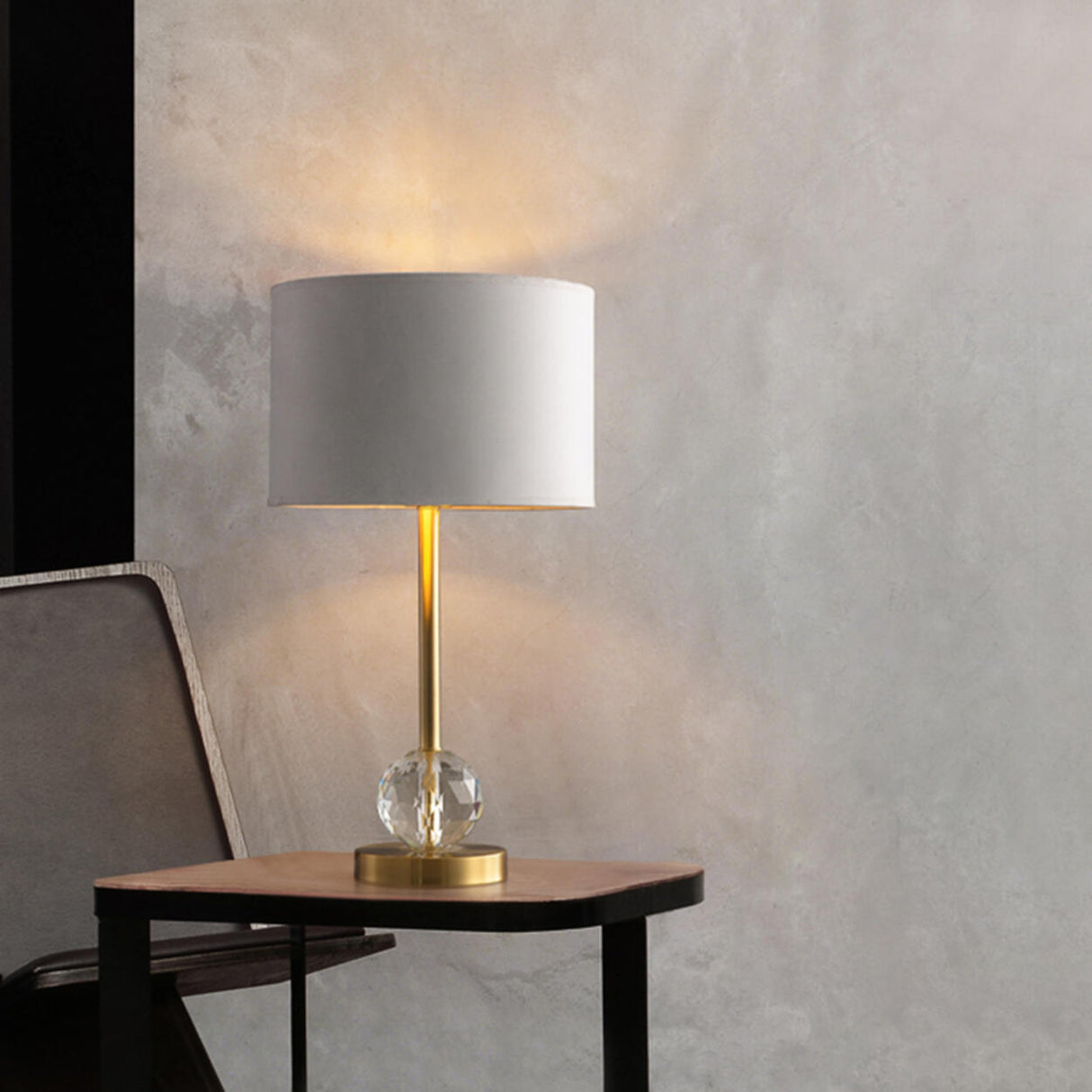 Drum-Shaped Shade Crystal Ball Metal Base Table Lamp Image - 3