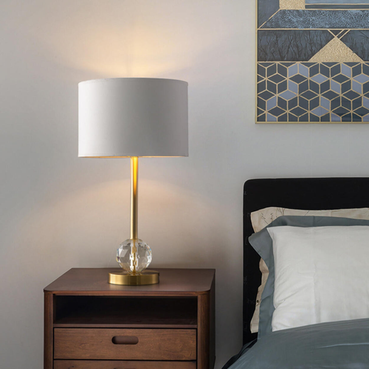 Drum-Shaped Shade Crystal Ball Metal Base Table Lamp Image - 9