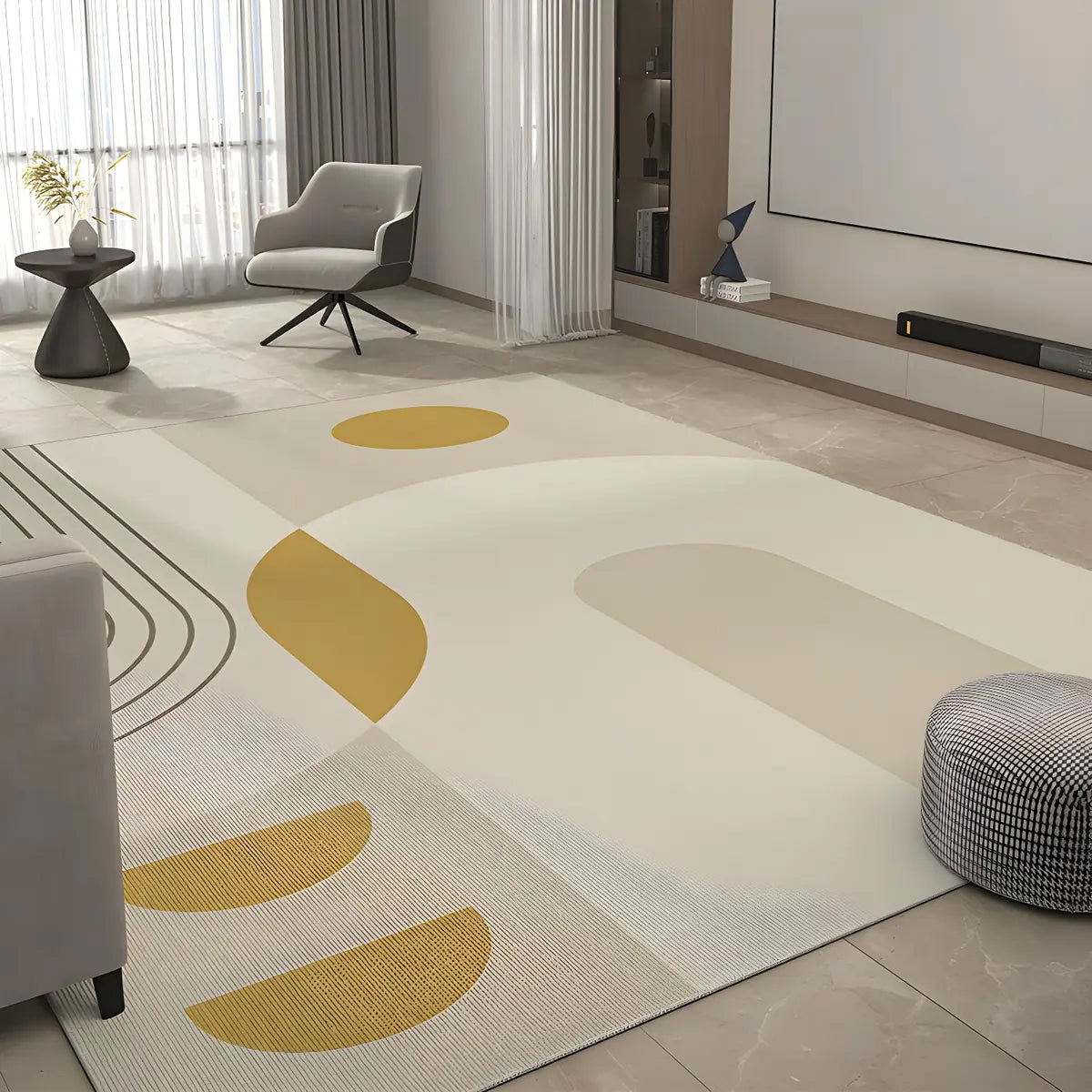 Easy Care Modern Beige Geometric Polyester Area Rug Image - 1