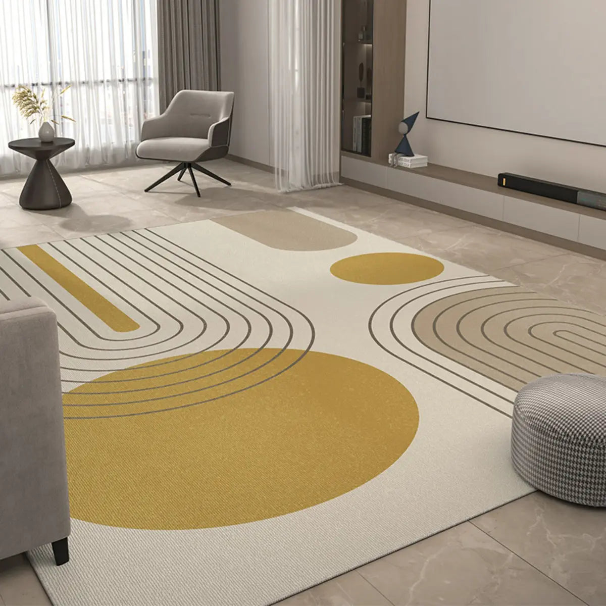 Easy Care Modern Beige Geometric Polyester Area Rug Image - 11