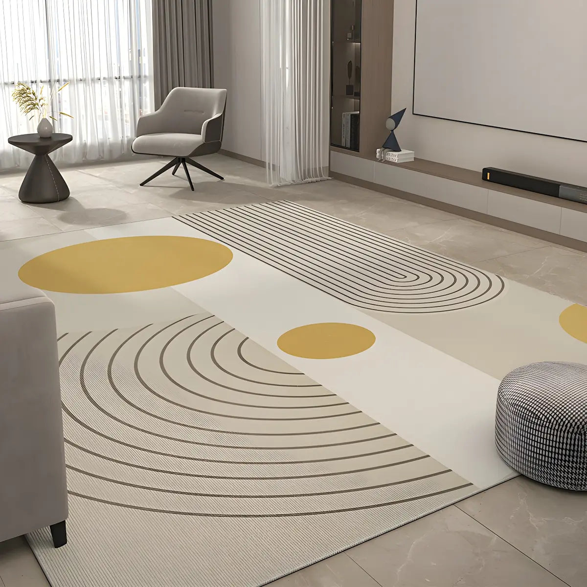 Easy Care Modern Beige Geometric Polyester Area Rug Image - 3