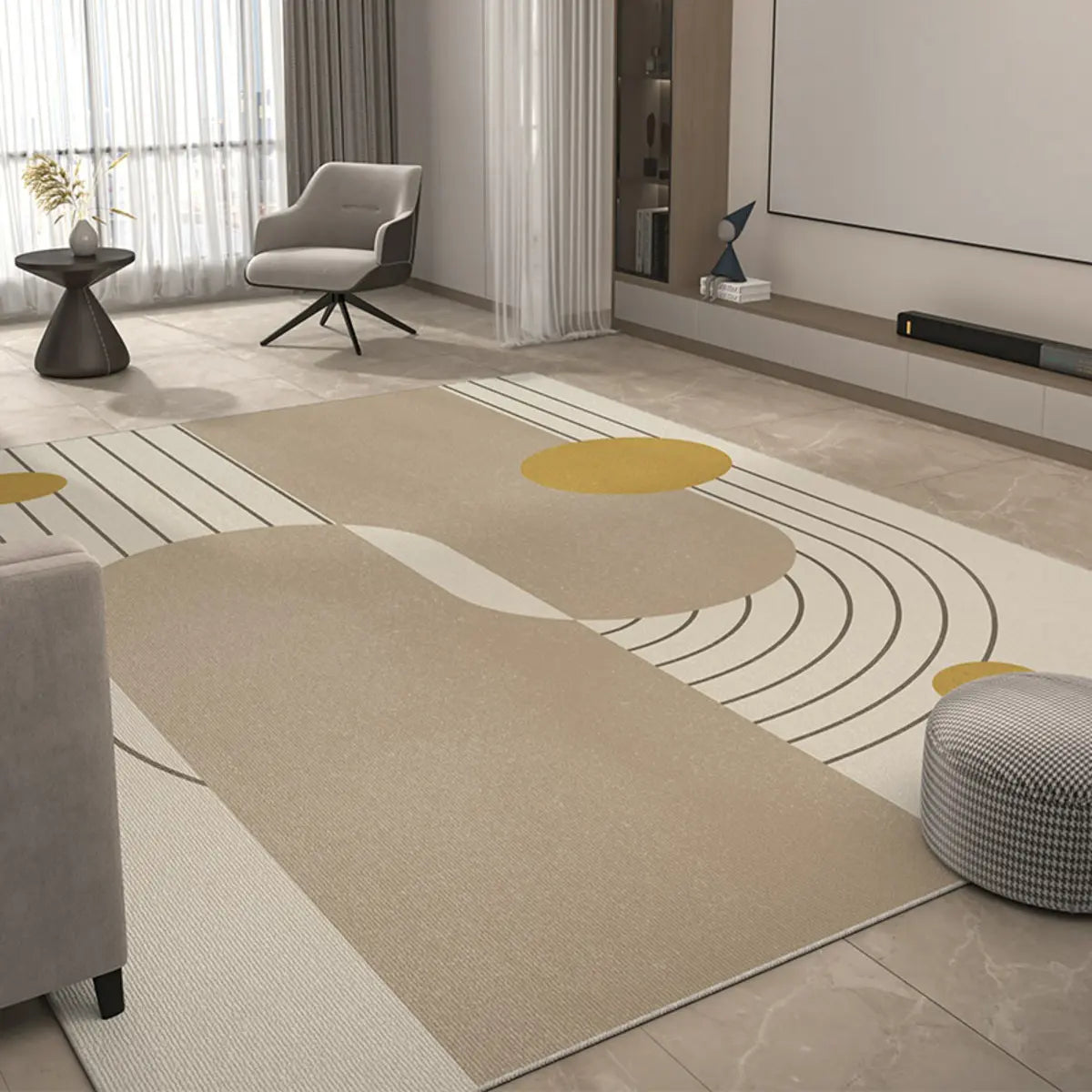 Easy Care Modern Beige Geometric Polyester Area Rug Image - 5