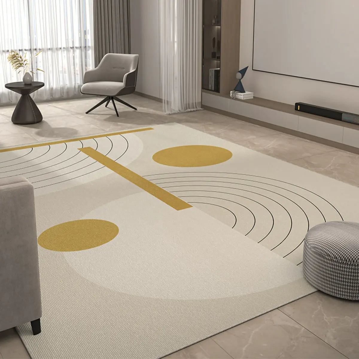 Easy Care Modern Beige Geometric Polyester Area Rug Image - 9