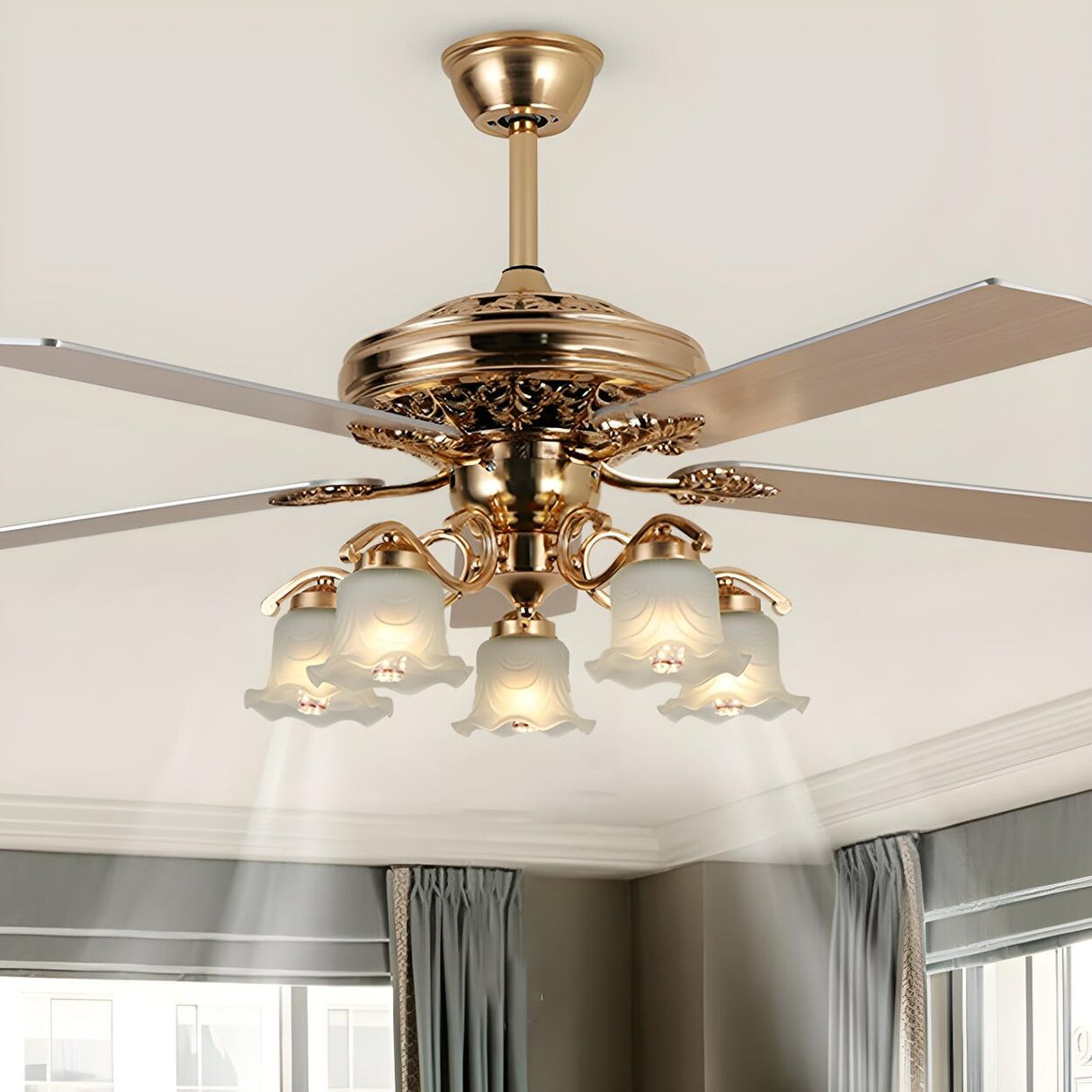 Elegant 5 Flower Shade 4 Blades Brass Ceiling Fan Light Image - 10