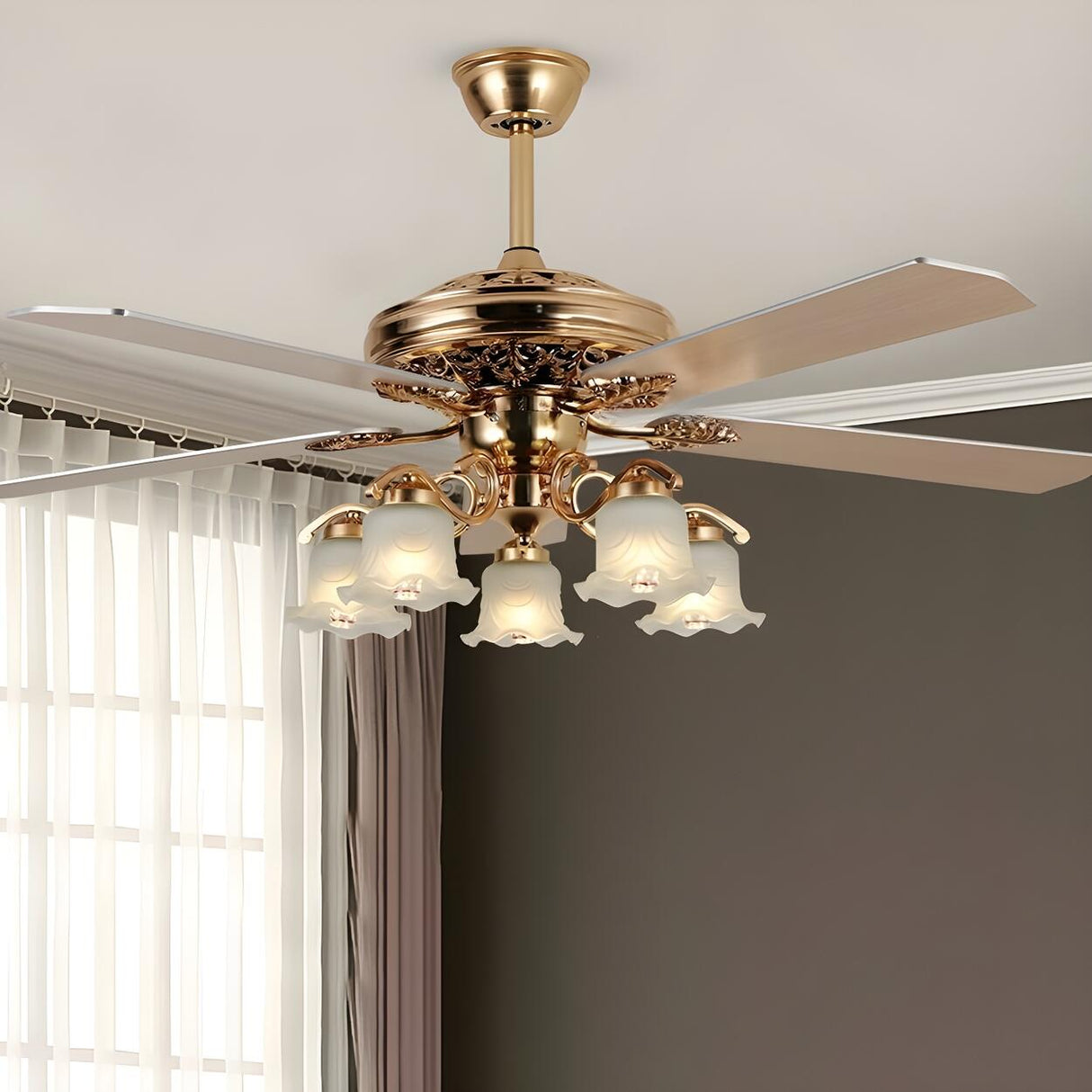 Elegant 5 Flower Shade 4 Blades Brass Ceiling Fan Light Image - 11