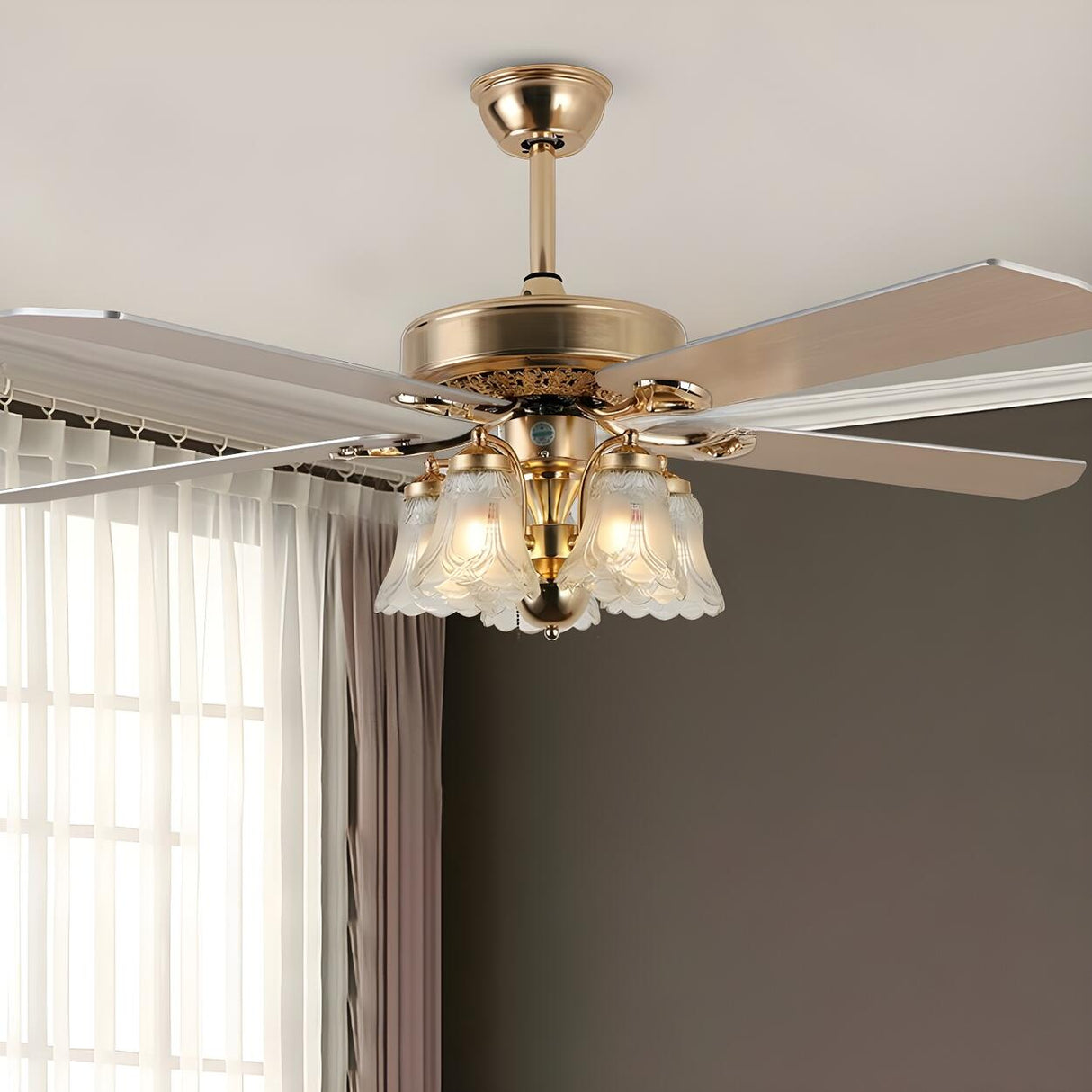Elegant 5 Flower Shade 4 Blades Brass Ceiling Fan Light Image - 12