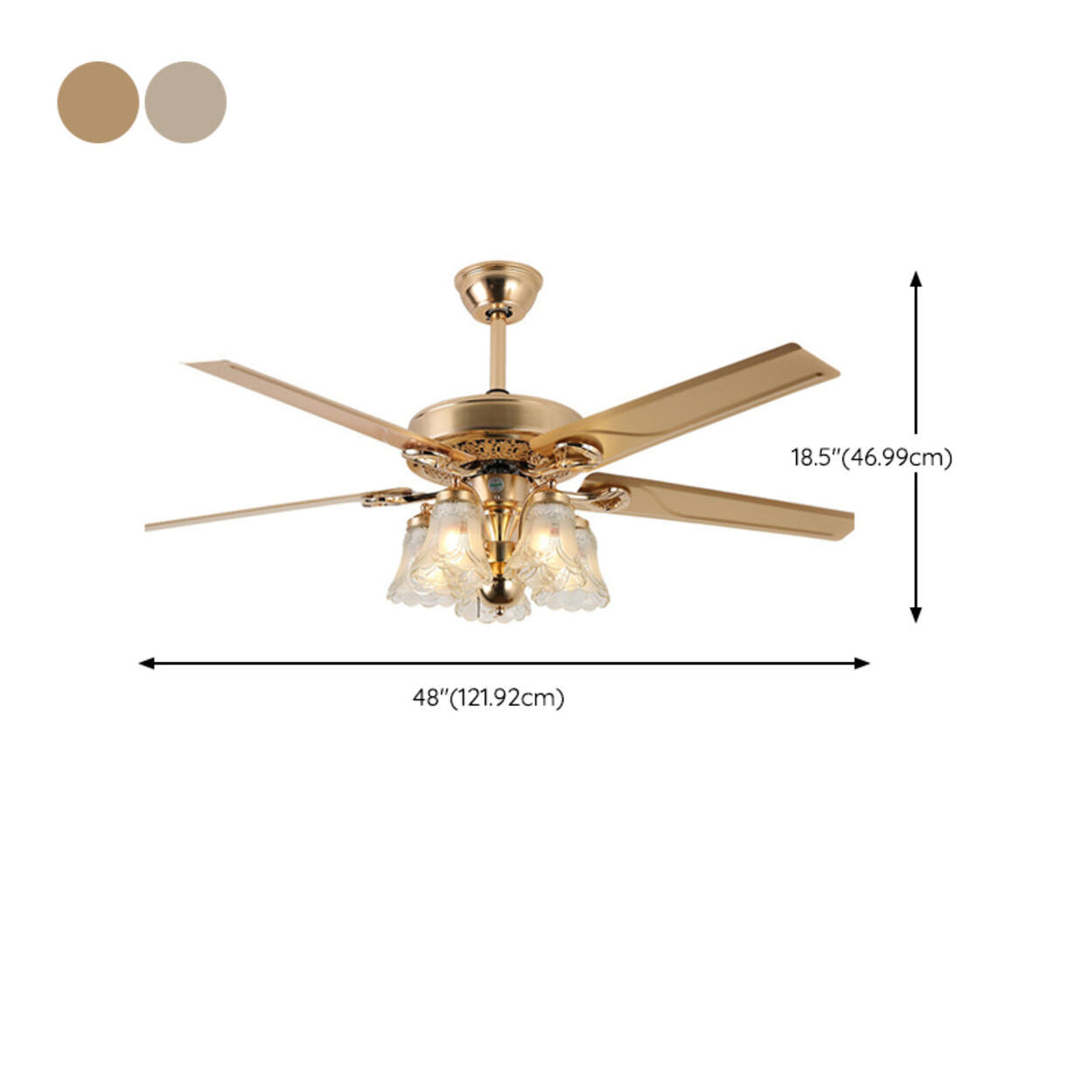 Elegant 5 Flower Shade 4 Blades Brass Ceiling Fan Light Image - 14
