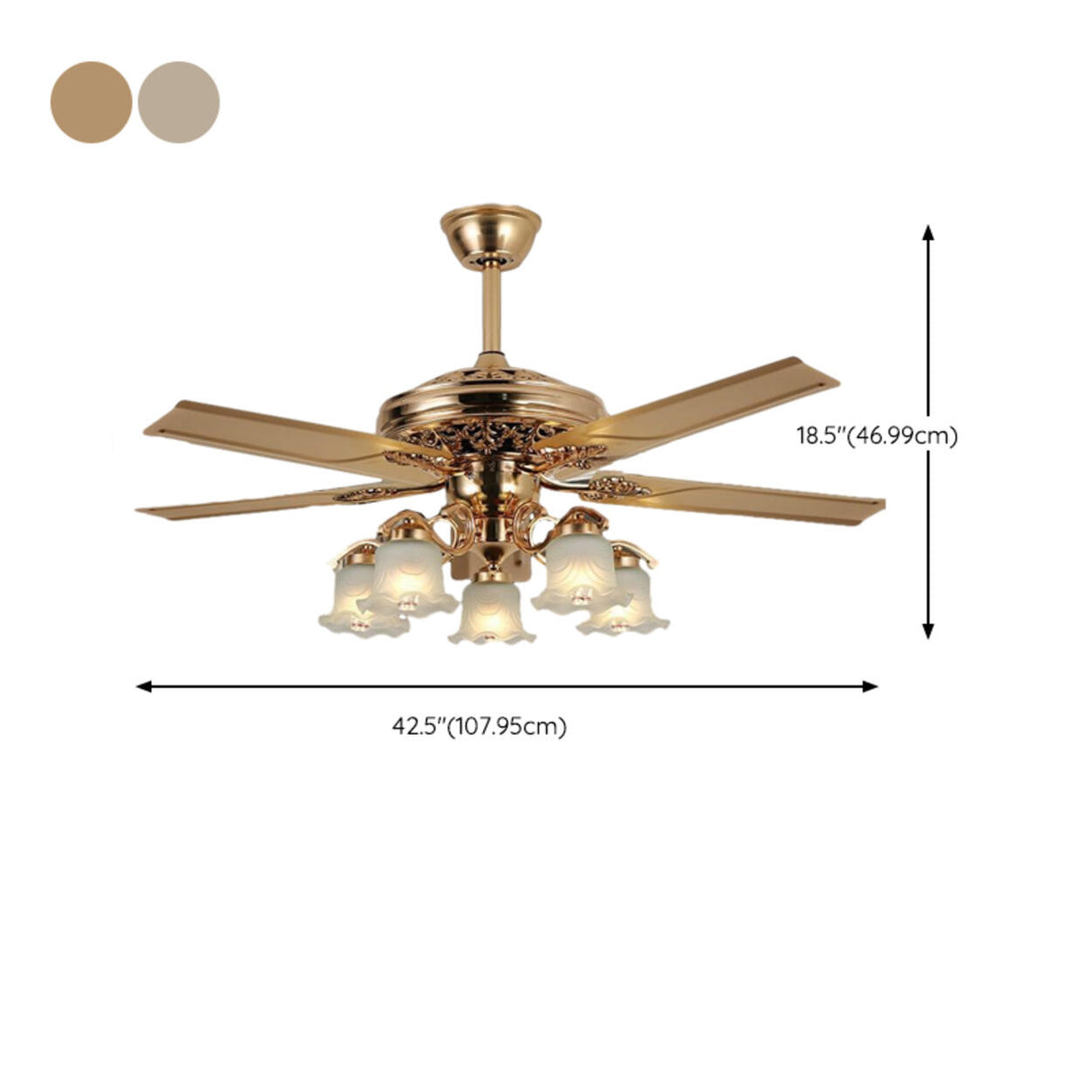 Elegant 5 Flower Shade 4 Blades Brass Ceiling Fan Light Image - 16