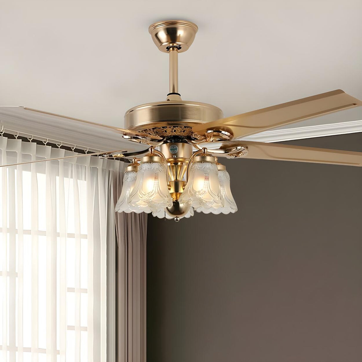 Elegant 5 Flower Shade 4 Blades Brass Ceiling Fan Light Image - 3