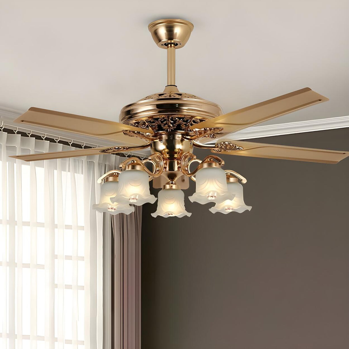 Elegant 5 Flower Shade 4 Blades Brass Ceiling Fan Light Image - 4