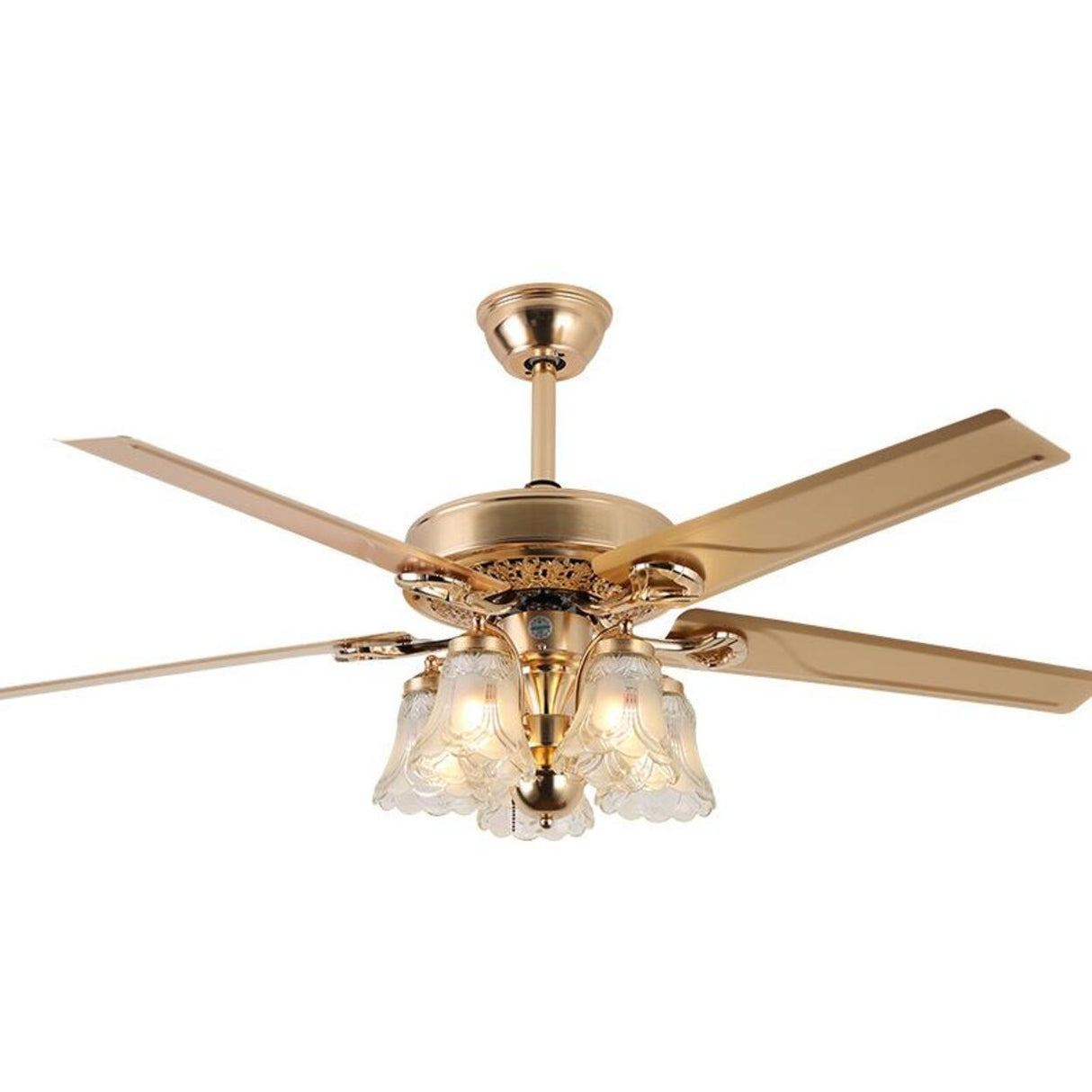 Elegant 5 Flower Shade 4 Blades Brass Ceiling Fan Light Image - 5