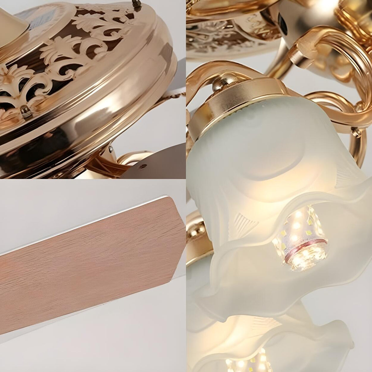 Elegant 5 Flower Shade 4 Blades Brass Ceiling Fan Light Image - 7