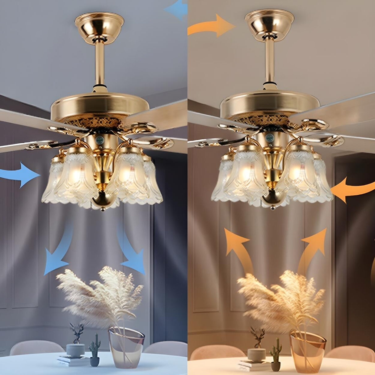 Elegant 5 Flower Shade 4 Blades Brass Ceiling Fan Light Image - 8