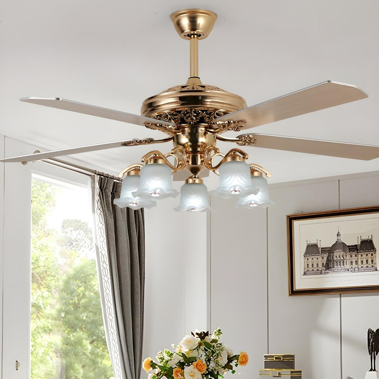 Elegant 5 Flower Shade 4 Blades Brass Ceiling Fan Light Image - 9