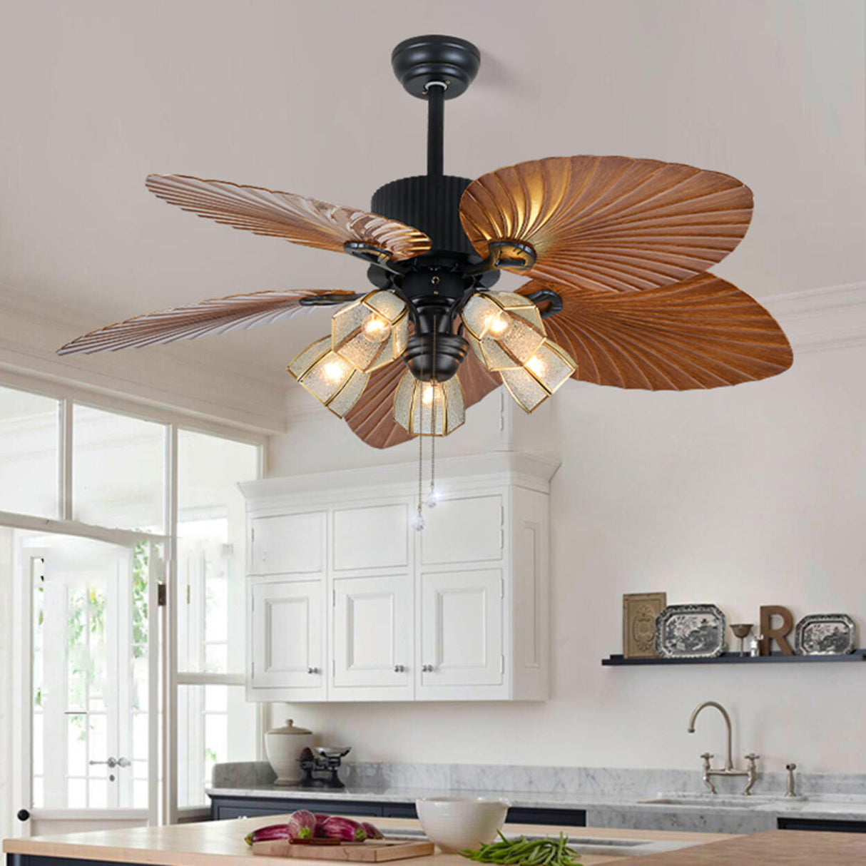 Elegant 5 Leaf Blades Glass Shades Ceiling Fan Light Image - 15