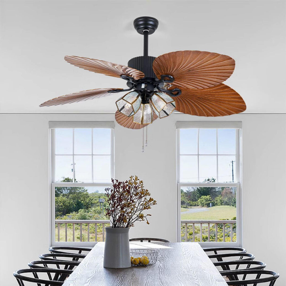 Elegant 5 Leaf Blades Glass Shades Ceiling Fan Light Image - 16