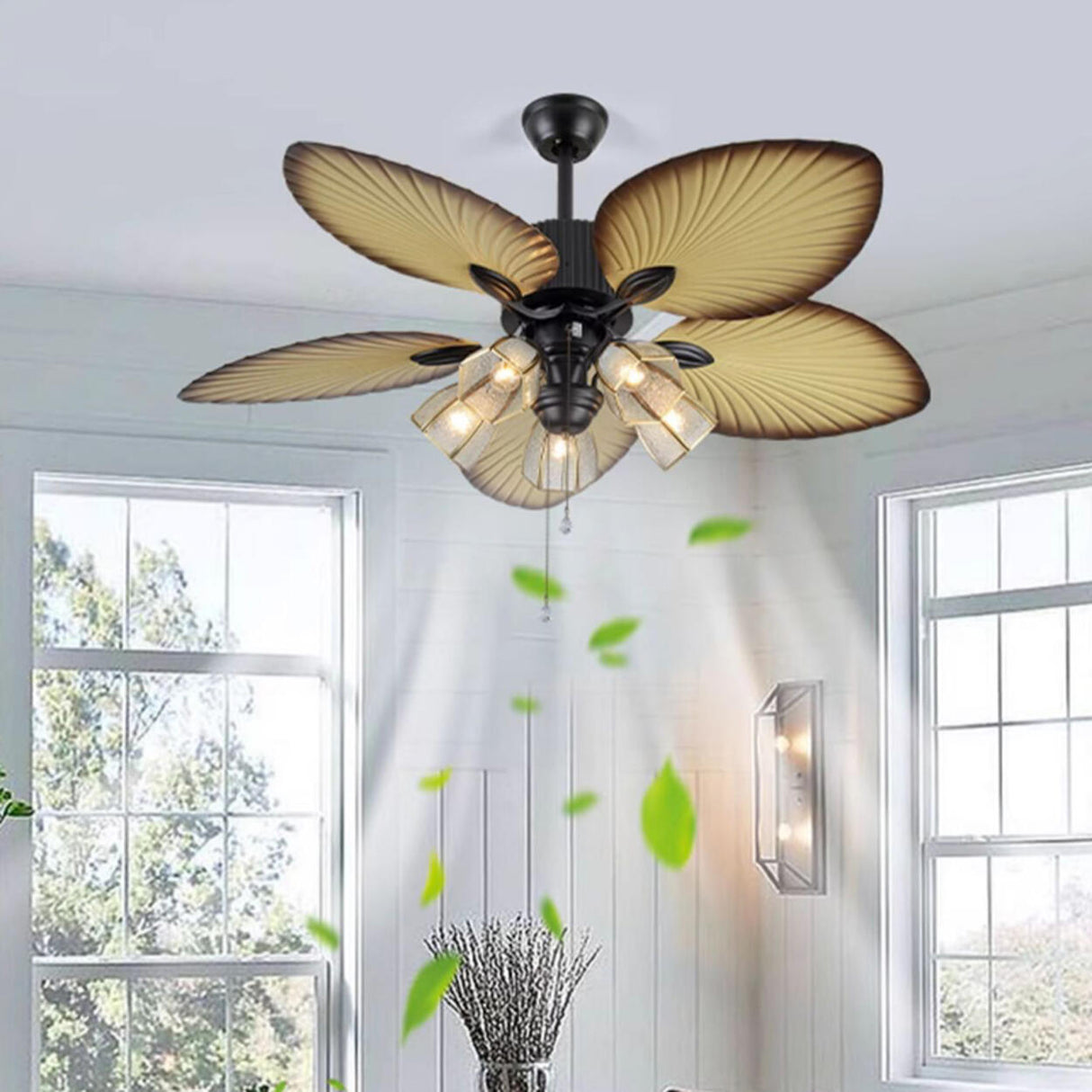 Elegant 5 Leaf Blades Glass Shades Ceiling Fan Light Image - 17
