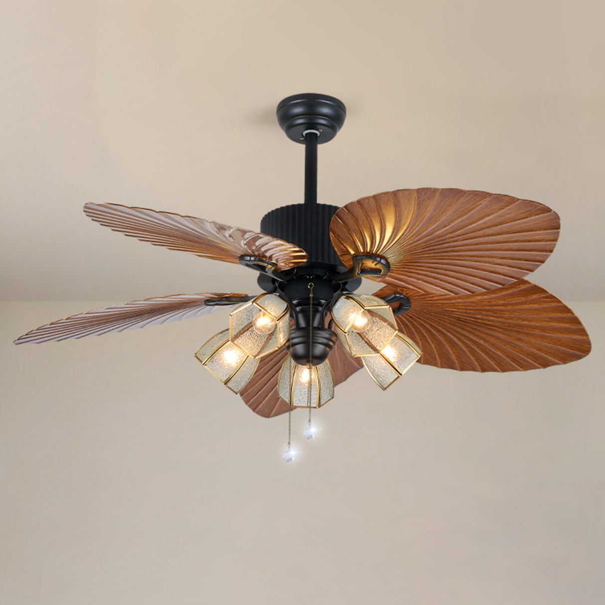 Elegant 5 Leaf Blades Glass Shades Ceiling Fan Light Image - 3