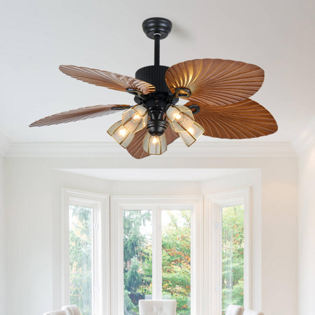 Elegant 5 Leaf Blades Glass Shades Ceiling Fan Light Image - 4