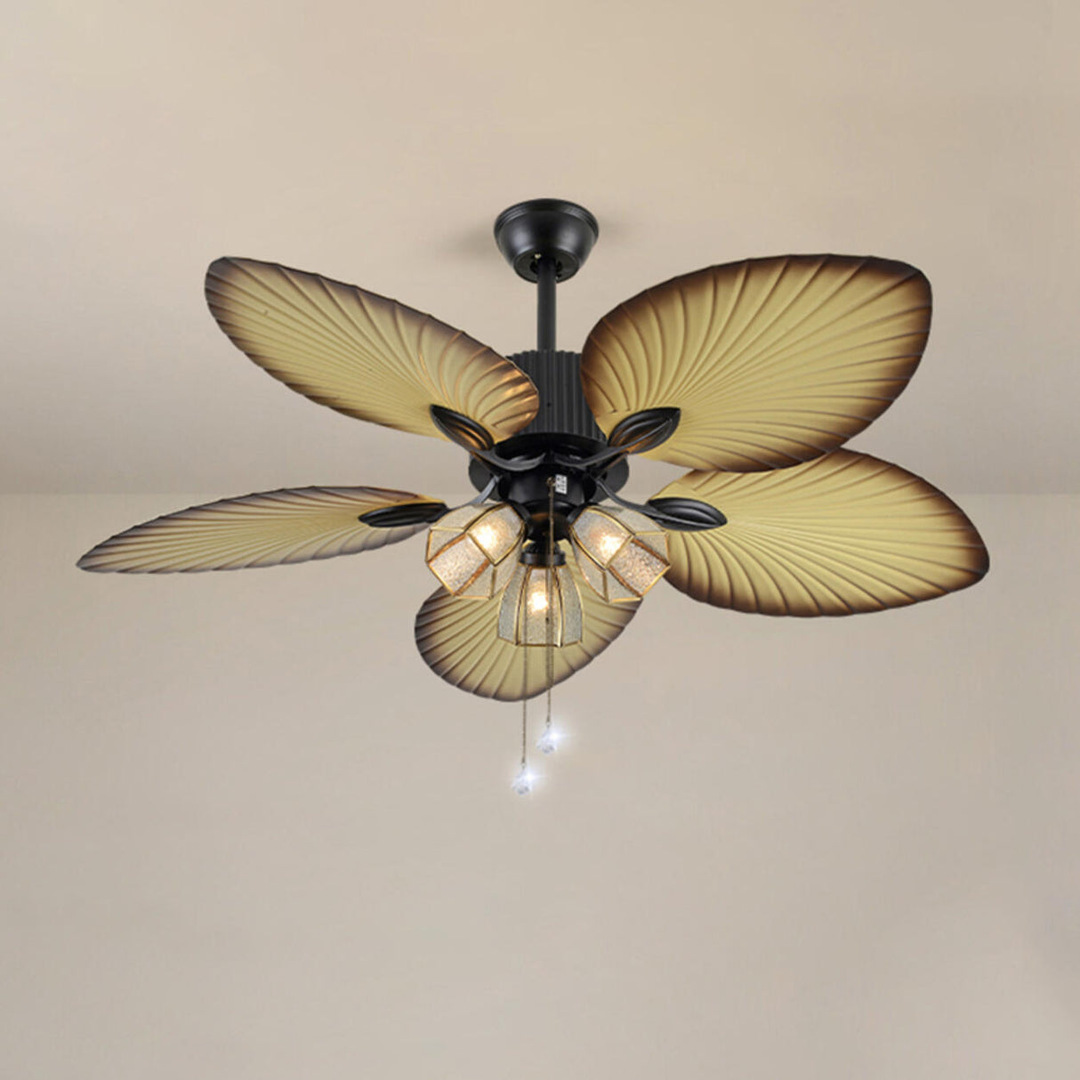 Elegant 5 Leaf Blades Glass Shades Ceiling Fan Light Image - 5