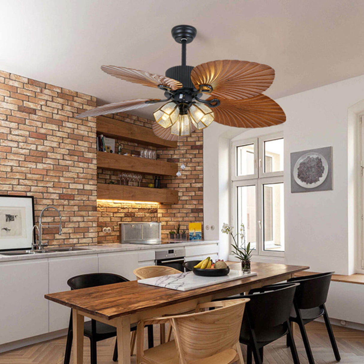 Elegant 5 Leaf Blades Glass Shades Ceiling Fan Light Image - 6