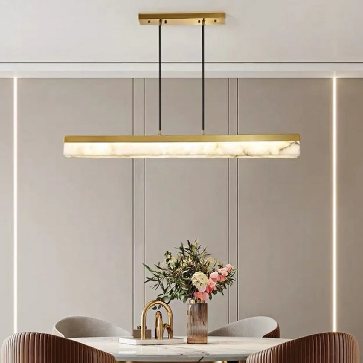 Elegant Alabaster Linear Adjustable Island Pendant Light Image - 1