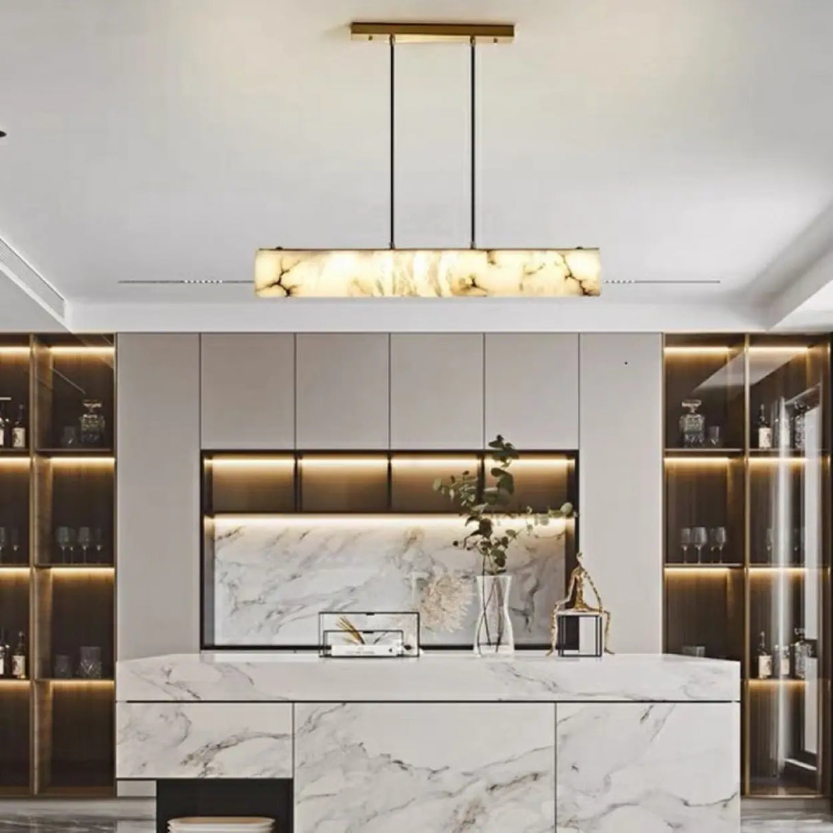 Elegant Alabaster Linear Adjustable Island Pendant Light Image - 2