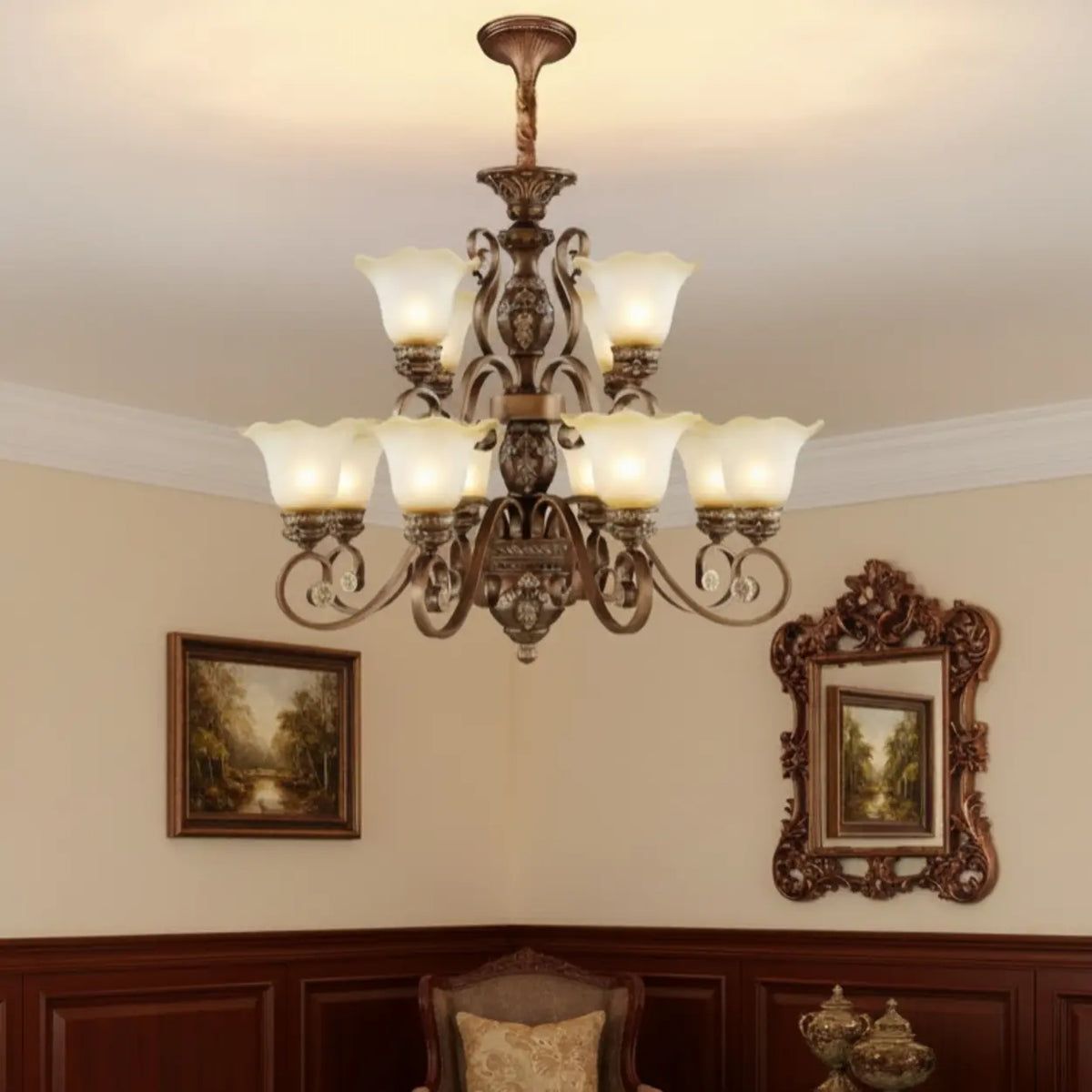 Elegant Antique Bronze Vintage Ceiling Chandelier Image - 16