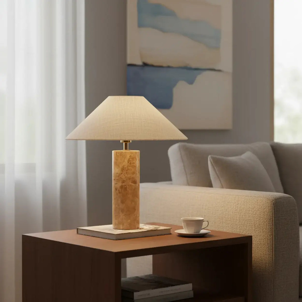 Elegant Beige Marble Base Table Lamp with Cone Fabric Shade Image - 1
