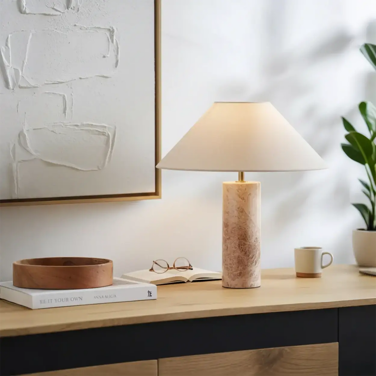 Elegant Beige Marble Base Table Lamp with Cone Fabric Shade Image - 2