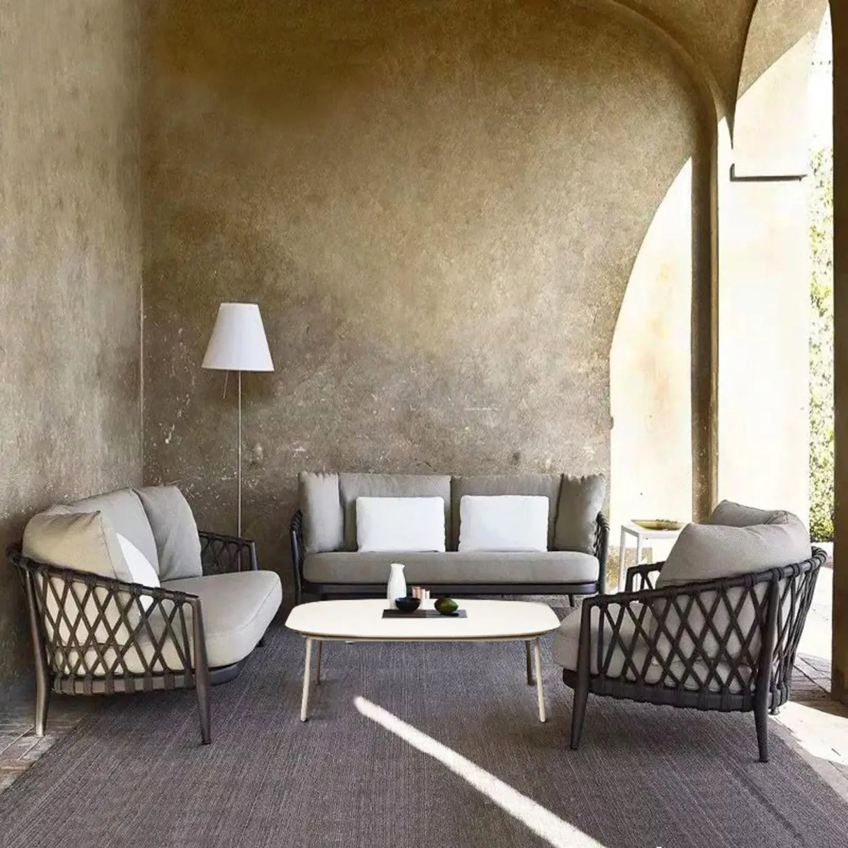 Elegant Beige Rope Woven UV Resistant Patio Sofa Set Image - 1