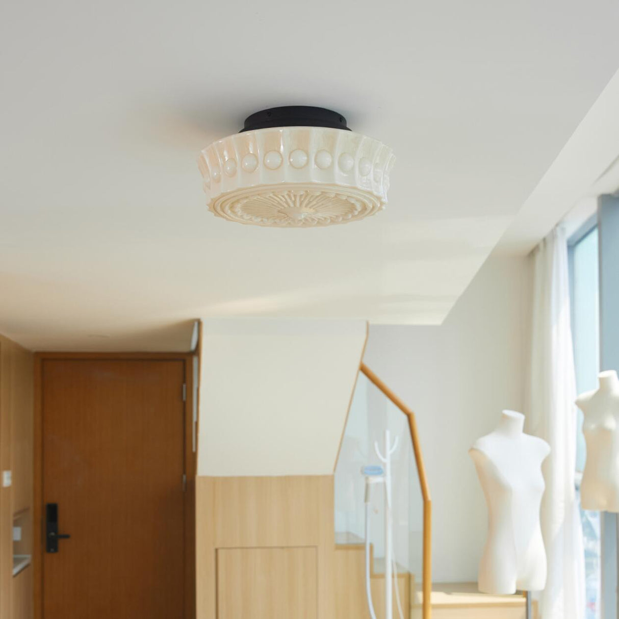 Elegant Beige Texture Drum Semi-Flush Mount Light Image - 6