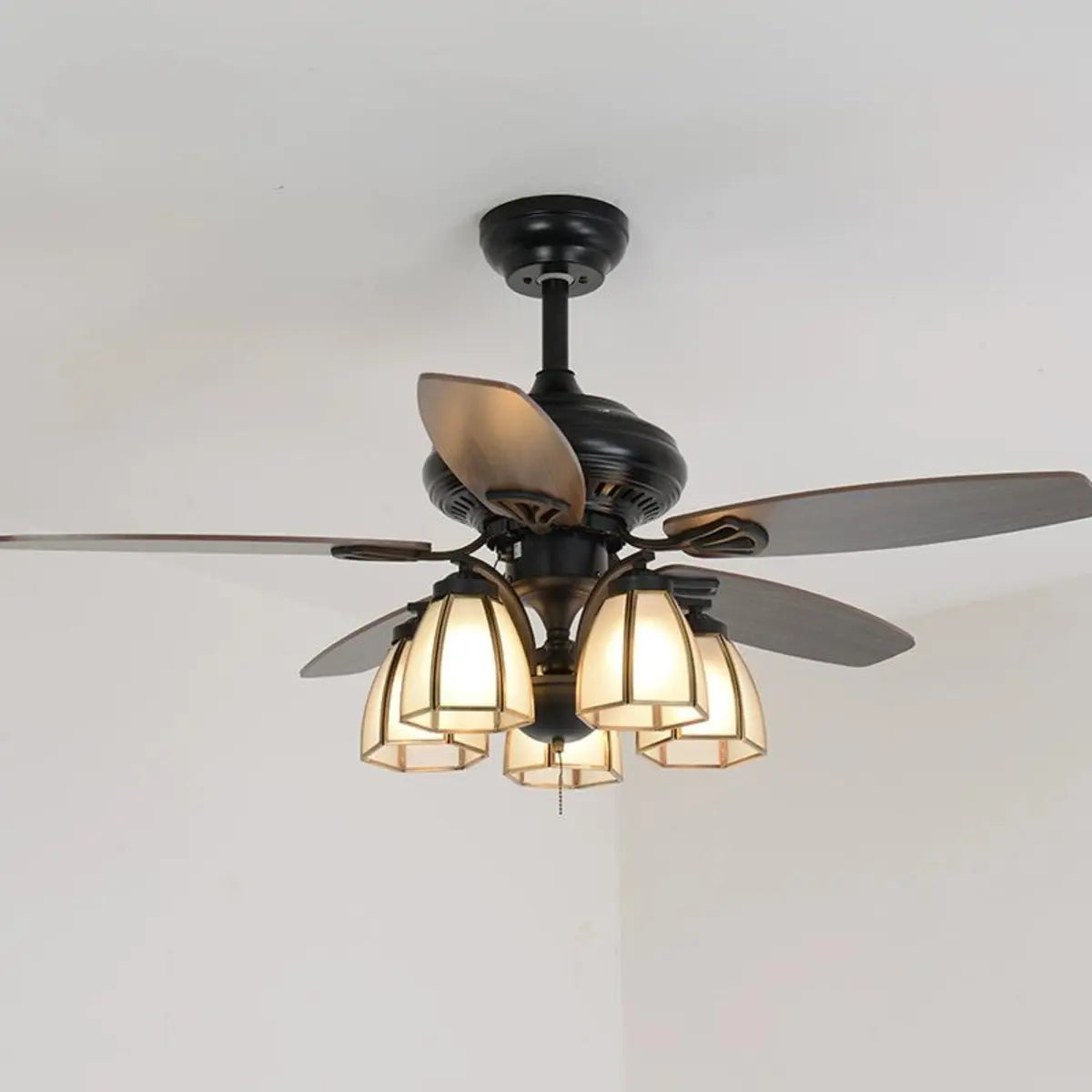Elegant Black 5 Blade Glass Shade Ceiling Fan Light Image - 1
